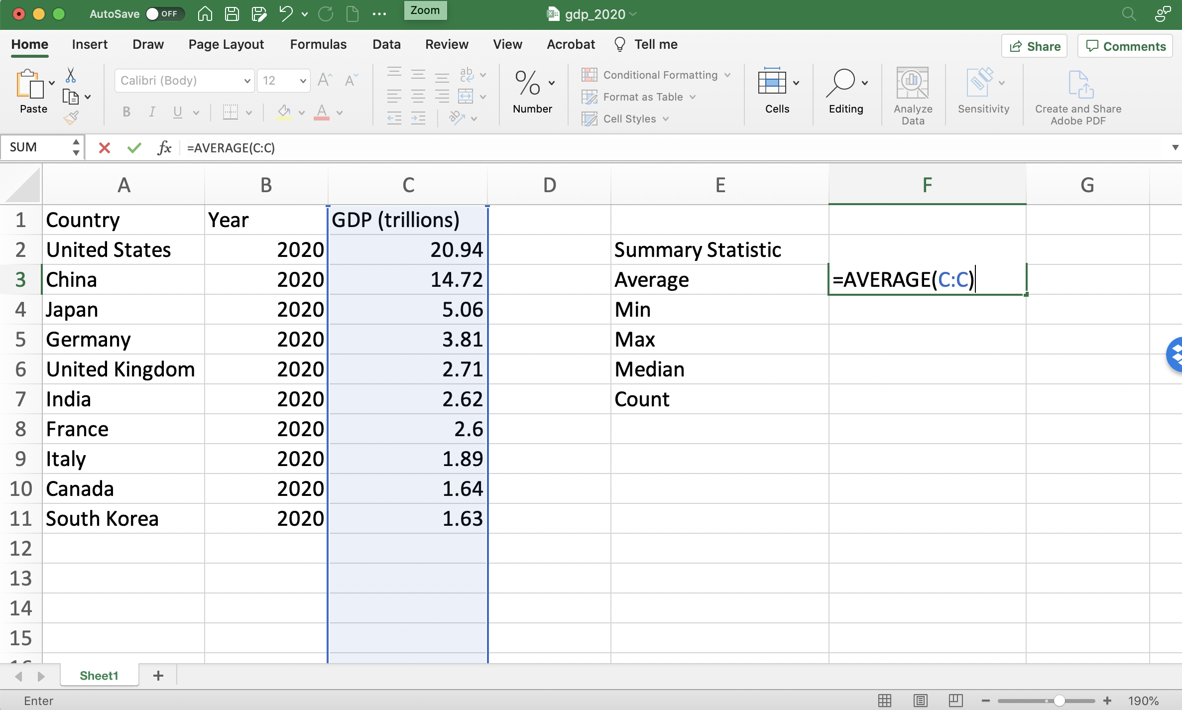 Computing Average GDP in 2020 (Before Pressing Enter)