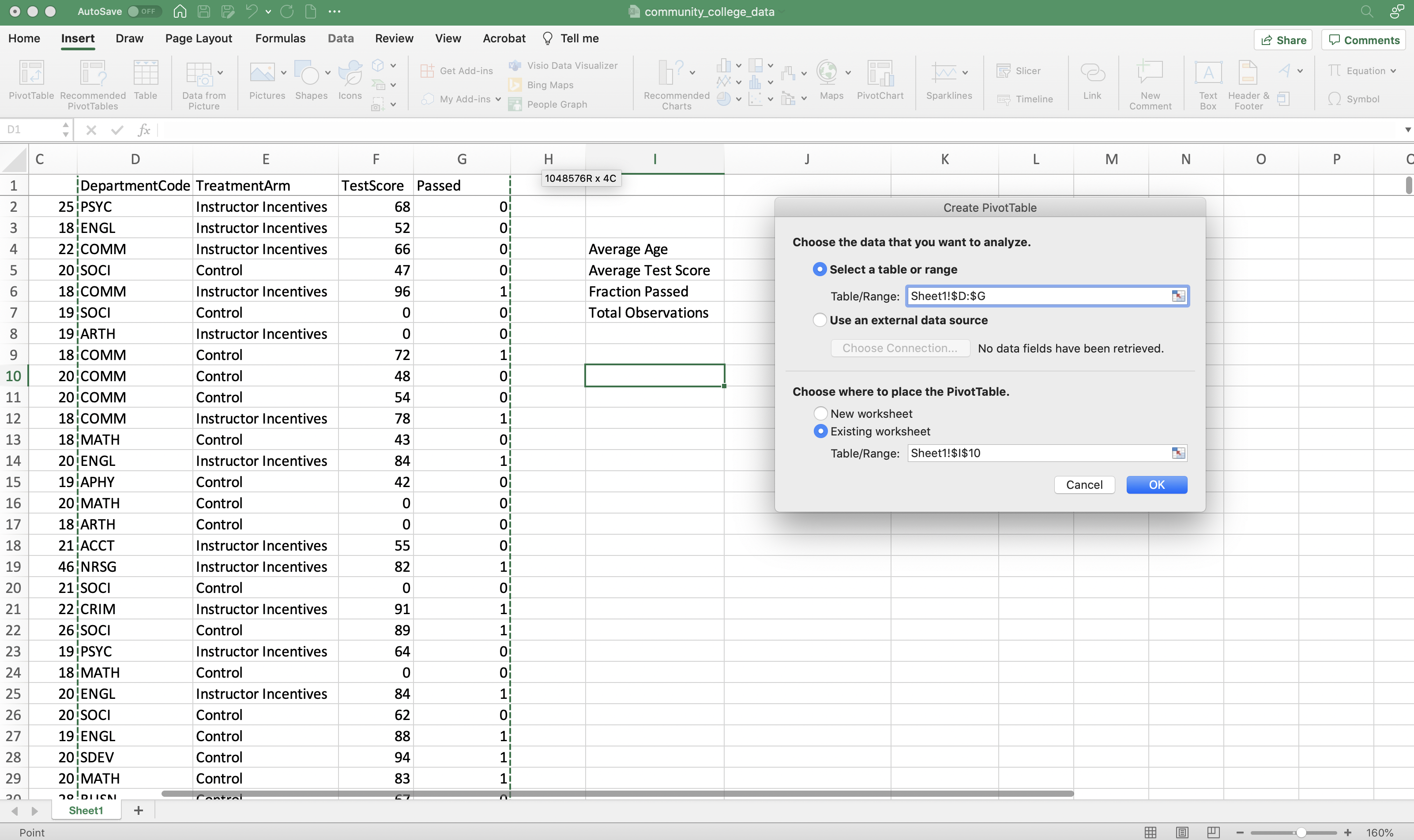 Selecting a Range for the Pivot Table